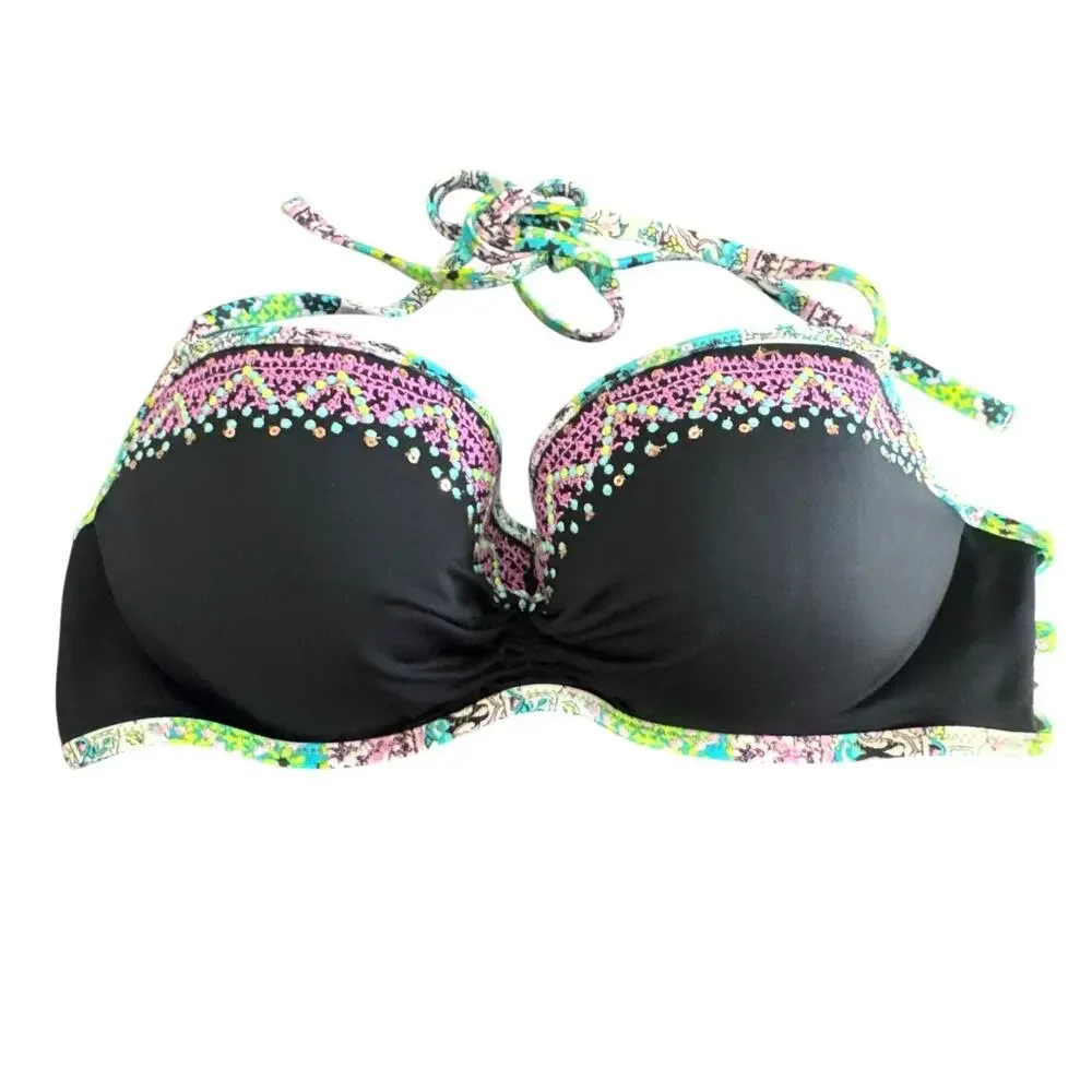 Victorias Secret Bali Embroidered Getaway Halter Bikini Top Black Size 36C